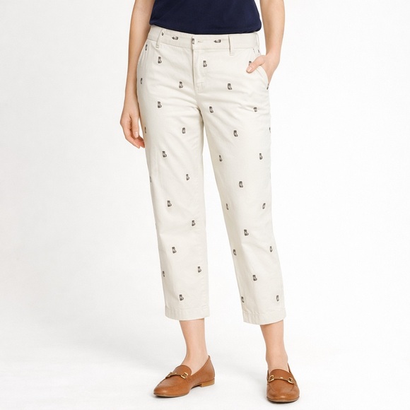 Talbots Cat Print Cropped Chino Pants Womens Size 12 Preppy cream embroidered - Picture 2 of 13
